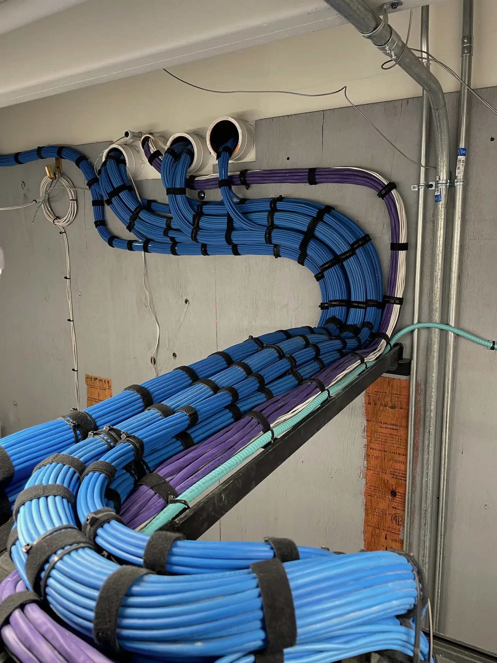 Bundles of blue, purple and aqua network cable strapped at even intervals along a J-hook pathway, sweeping around a corner and up into conduit sleeves above a stud wall.