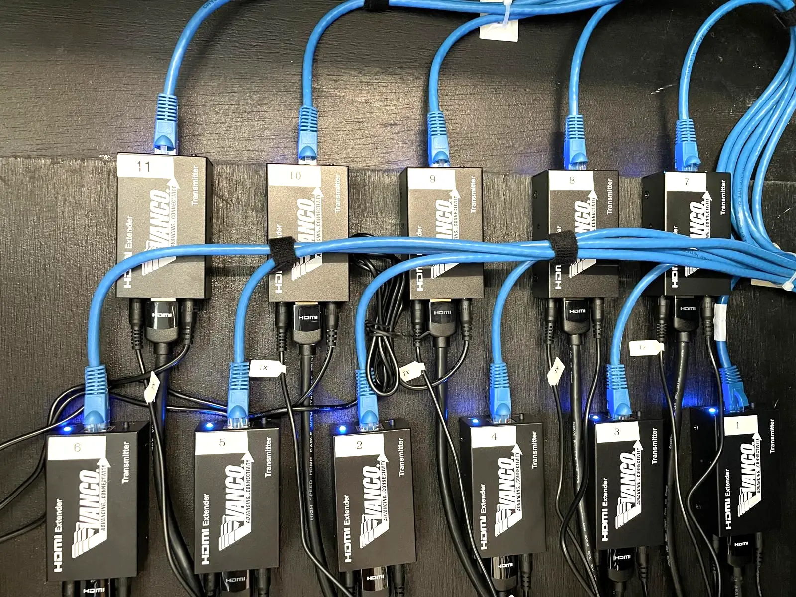 Eleven numbered HDMI over network transmitters velcroed in two rows on a backboard, each fed by a blue patch cord and an HDMI lead.